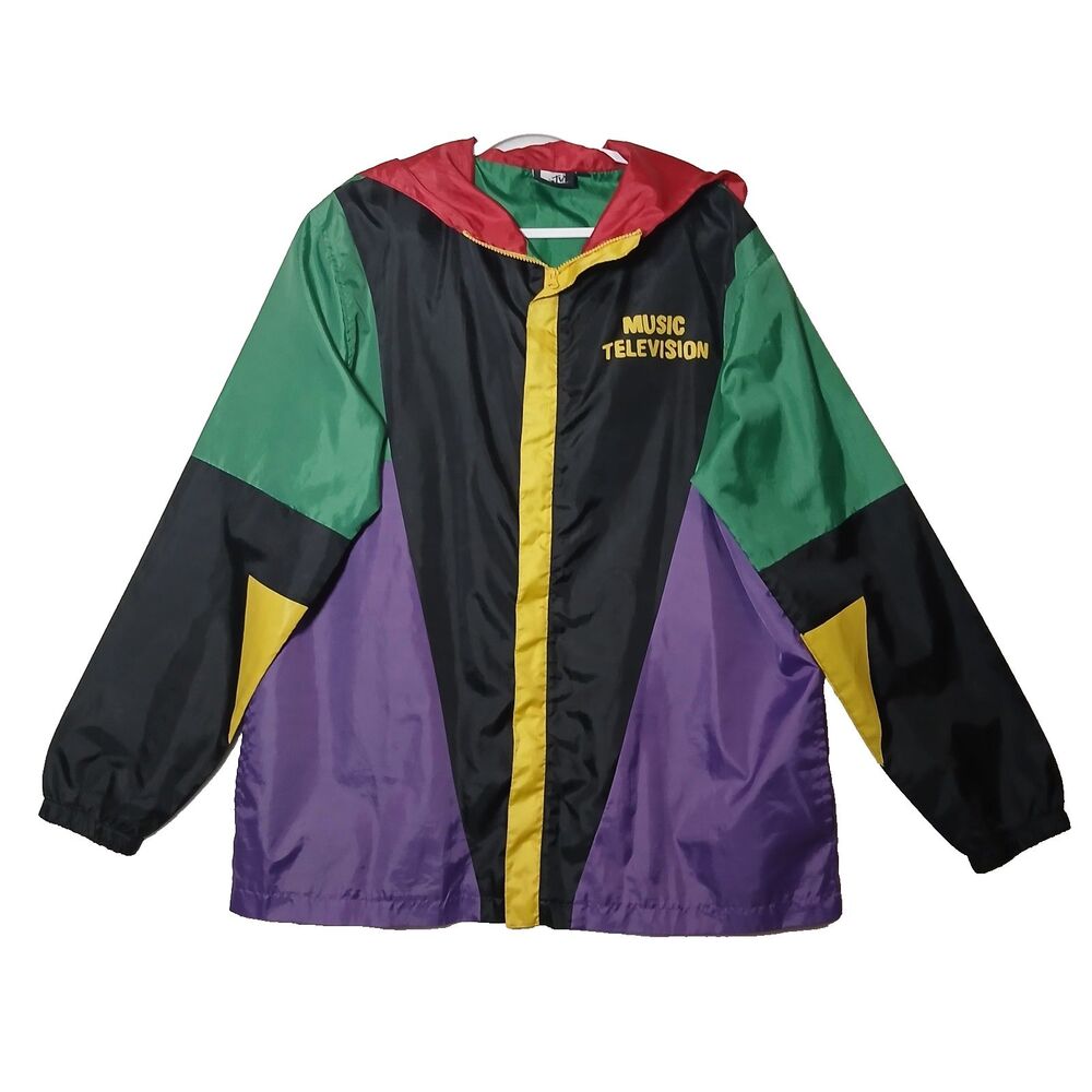 MTV Retro-Themed Colorblock Lightweight Hooded Windbreaker XL Jacket #1084
